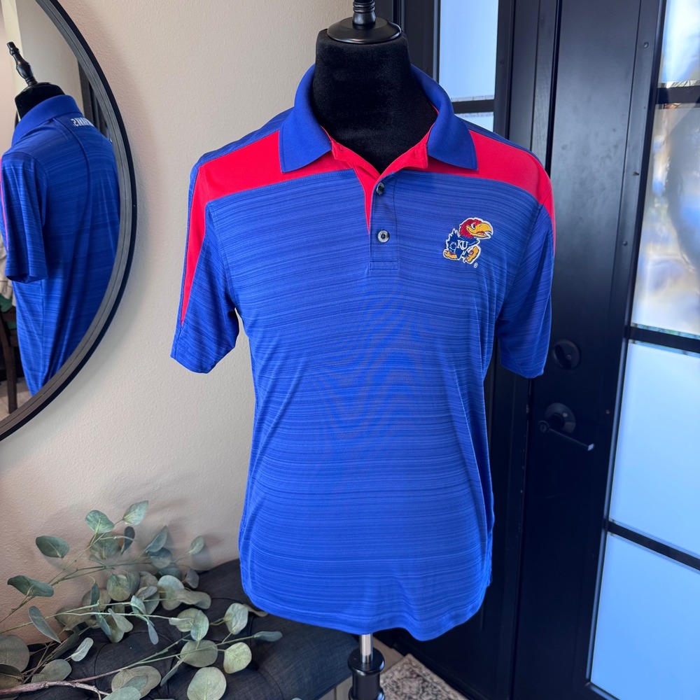 Champion Kansas Jayhawks Polo Shirt Mens Medium Blue Red NCAA Collegiate Golf